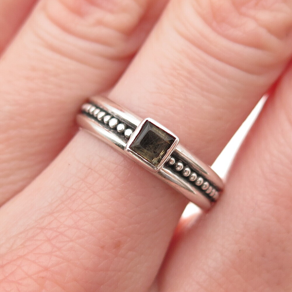 925 Sterling Silver Vintage Real Smoky Quartz Beaded Oxidized Ring Size 8